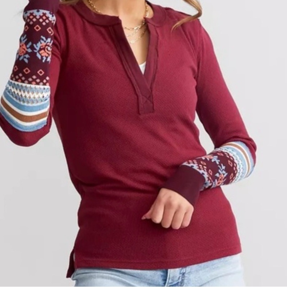 We The Free Burgundy Long Sleeve Top with Patterned Cuffs